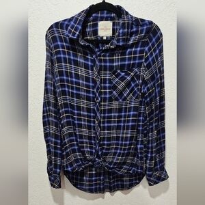 Women’s Blue Plaid Button Down Shirt Long Sleeve Casual Top Size S